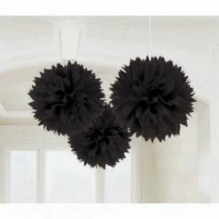 Party Animal Direct Black Fluffy Tissue Hanging Decorations 40cm 3 Pk