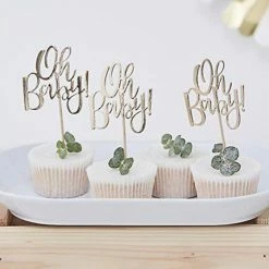 Party Animal Direct Baby Shower GOLD OH BABY CUPCAKE TOPPERS - PK12
