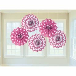 Party Animal Direct PRINTED PAPER FAN DECORATIONS 5 PACK - PINK