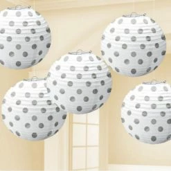 Party Animal Direct MINI PAPER PAPER LANTERNS 5PK - WHITE WITH SILVER DOT