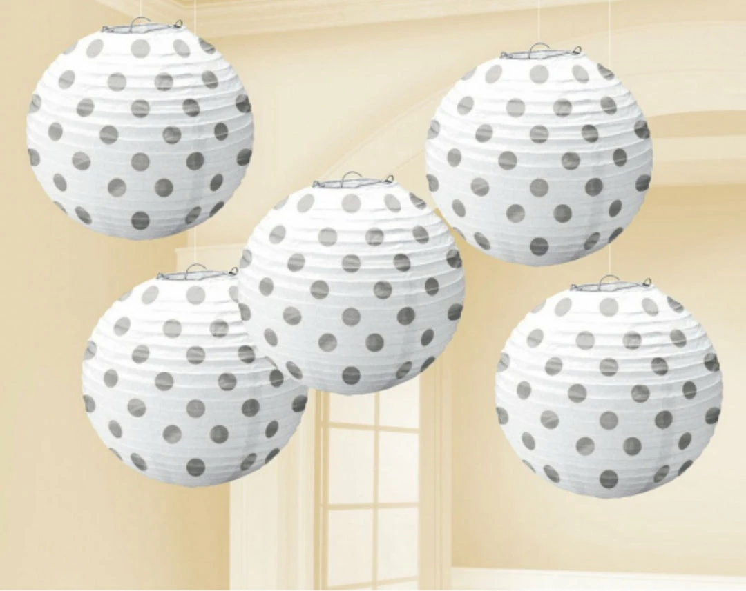 Party Animal Direct MINI PAPER PAPER LANTERNS 5PK - WHITE WITH SILVER DOT 3 Party Animal Direct MINI PAPER PAPER LANTERNS 5PK - WHITE WITH SILVER DOT