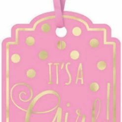 Party Animal Direct Baby Shower FOIL-STAMPED PAPER TAGS IT'S A GIRL - PINK