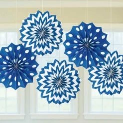 Party Animal Direct PRINTED PAPER FAN DECORATIONS 5 PACK - ROYAL BLUE